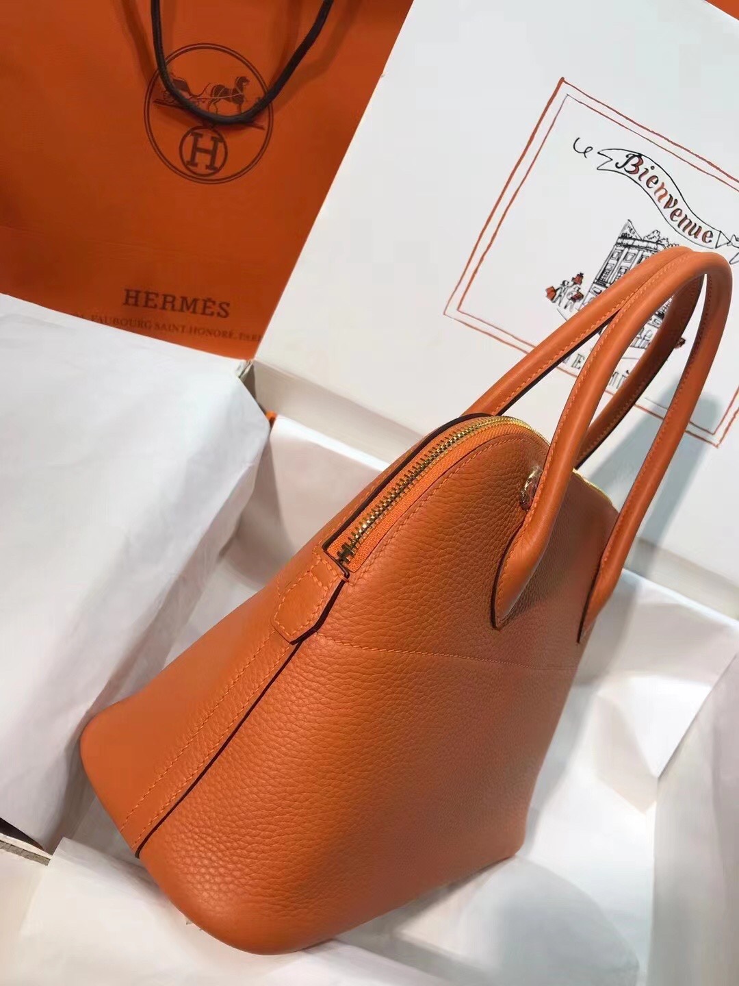 Hermes Bolide 27cm Handbag In Orange Clemence Leather